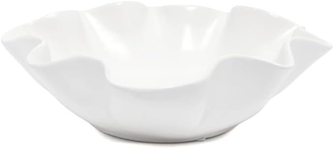 White Ceramic Wavy Edge Decorative Bowl - Modern Organic Sculptural Centerpiece for Coffee Table, Irregular Ripple Rim Display Bowl, Minimalist Home Decor Accent for Living Room Entryway 3.5H X 12D