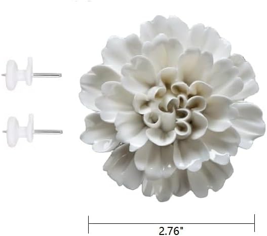 Peony,2.76"" Ceramic Flower Wall Art, Artificial 3D Flower Wall Art, Handmade 3D Wall Art Hanging Sculpture, Porcelain Flower Wall Decoration for Home Office Decor (White), White,flower