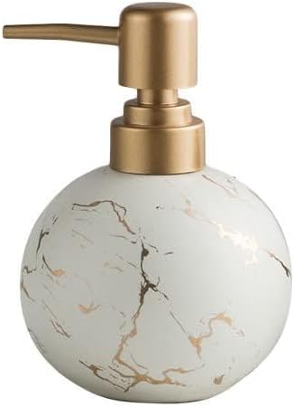 Gold Soap Dispenser for Bathroom or Kitchen, Cute Marble Round Ceramic Lotion Bottle, Rust-Free Pump(White)
