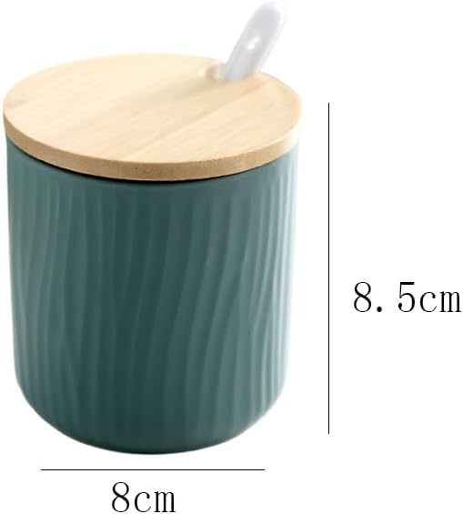 300ml Ceramic Sugar Bowl with Lid and Spoon,Porcelain Salt Bowl Salt Container Bowl,Ceramic Spice Jar Seasoning Box Condiment Pot Honey Jar for Home Kitchen Coffee Bar (Green B)