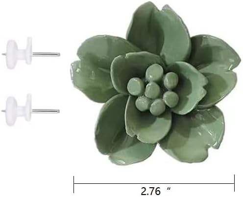 Snow Lotus，2.76" Ceramic Flower Wall Art, Artificial 3D Plant, Handmade 3D Wall Art Hanging Sculpture, Porcelain Flower Decoration for Home Office Decor (Dark Green)