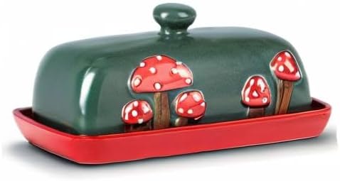 Mushroom Ceramic Butter Dish With Lid for Countertop - Red Container Tray, Large Covered