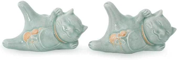 NOVICA Green Good Fortune Celadon Ceramic Sculpture, 3.7" Tall Lucky Cats at Play' (Pair)