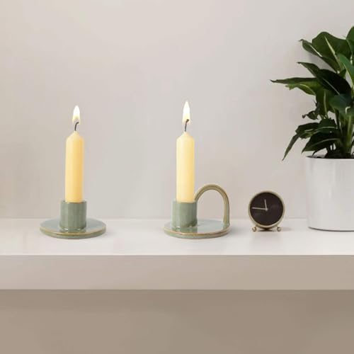Ceramic Taper Candle Holders with Handle (Set of 2) – Tall Candlestick Holders for Table Decor Centerpieces, Rustic Home Décor, and Dinner Table Styling Avocado Green