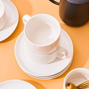 8oz Cappuccino Cups Set of 4, Ceramic Coffee Cups and Saucers Set with Spoons, Off-white Durable Coffee Cups for Cappuccino Espresso Latte Mocha Au Lait Macchiato Cafe