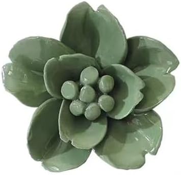 Snow Lotus，2.76" Ceramic Flower Wall Art, Artificial 3D Plant, Handmade 3D Wall Art Hanging Sculpture, Porcelain Flower Decoration for Home Office Decor (Dark Green)