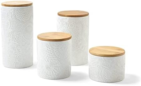 American Atelier Embossed Canister Set 4-Piece Ceramic Set Jar Container with Wooden Lids for Cookies, Candy, Coffee, Flour, Sugar, Rice, Pasta, Cereal & More White