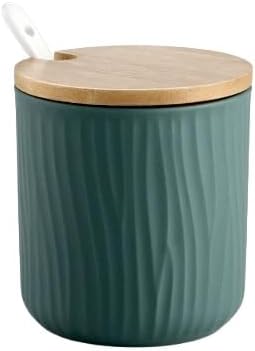 300ml Ceramic Sugar Bowl with Lid and Spoon,Porcelain Salt Bowl Salt Container Bowl,Ceramic Spice Jar Seasoning Box Condiment Pot Honey Jar for Home Kitchen Coffee Bar (Green B)