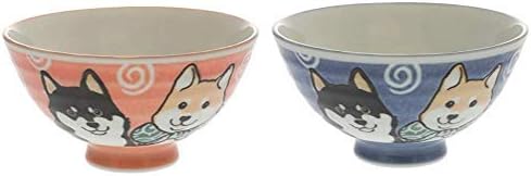 Japanese Shiba Dog Red and Blue Rice Bowl Set 4.92 Inches Diameter Authentic Mino Ware Ceramic Chawan Set of 2 Bowls from Japan