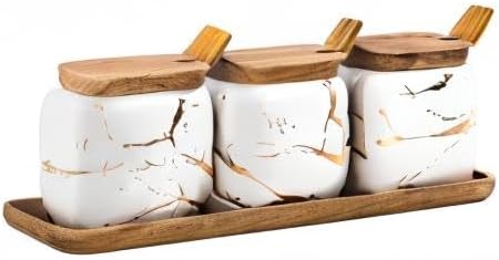 Ceramic Spice Jars Porcelain Condiment Jars Set Marble Ceramic Seasoning Box 3pcs Condiment Pots for salt, sugar, pepper Kitchen Seasoning Condiment Jar Set