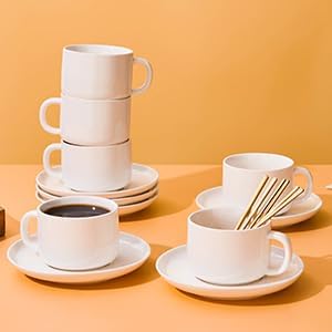 8oz Cappuccino Cups Set of 4, Ceramic Coffee Cups and Saucers Set with Spoons, Off-white Durable Coffee Cups for Cappuccino Espresso Latte Mocha Au Lait Macchiato Cafe