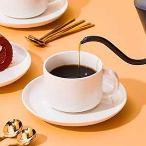 8oz Cappuccino Cups Set of 6, Ceramic Coffee Cups and Saucers Set with Spoons, Off-white Durable Coffee Cups for Cappuccino Espresso Latte Mocha Au Lait Macchiato Cafe