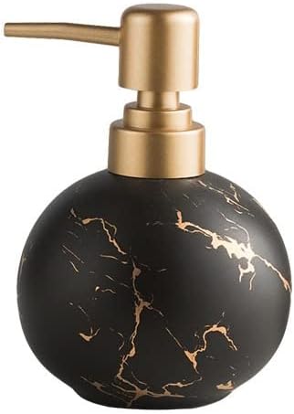 Gold Soap Dispenser for Bathroom or Kitchen, Cute Marble Round Ceramic Lotion Bottle, Rust-Free Pump(Black)