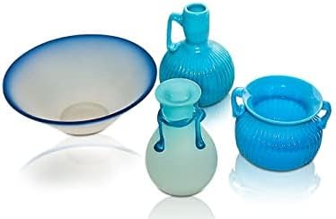 Set of 4 Opaque Blue, Jade Blue Hand Blown Glass Arts - Candle Holders