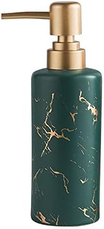 Gold Soap Dispenser for Bathroom or Kitchen, Skinny Ceramic Lotion Bottle with Marble Pattern, Rust-Free Pump(Dark Green)