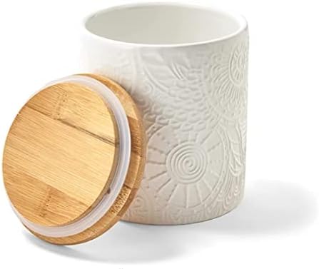 American Atelier Embossed Canister Set 4-Piece Ceramic Set Jar Container with Wooden Lids for Cookies, Candy, Coffee, Flour, Sugar, Rice, Pasta, Cereal & More White