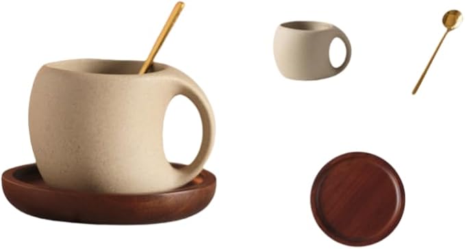 1pcs-Ceramic Coffee Cup Sets (250ML, 7*9.8*7.5cm), Japanese Style Hot Tea Cup, Coarse Earthenware Latte Cup, Includes Cup Saucer and Spoon, Suitable for Home, Restaurant, Tea Party, etc.