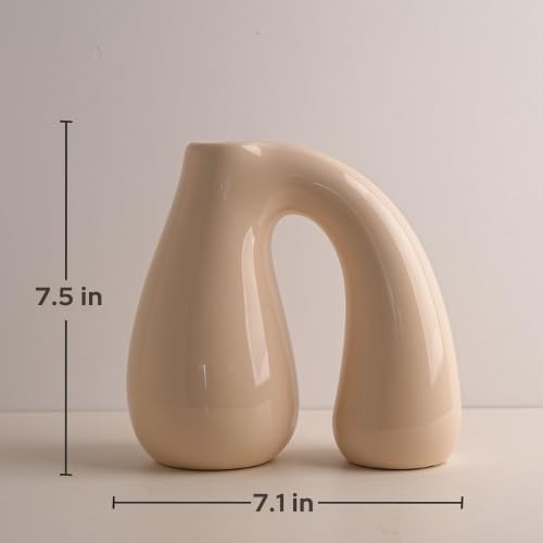 Cream White Ceramic Decorative Pitcher Vase, 7.5 in – Glossy Sculptural Arch-Handle, Modern Home Décor Accent for Fresh or Dried Floral Arrangements, Table/Shelf/Entryway, Giftable