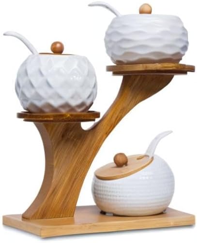 Porcelain Condiment Jar Set, Spice Jars with Bamboo Lids and Spoon, Wooden Tray, 170 ML (5.8 OZ), Used to Store Tea, Spices, Coffee, Set of 3(White)