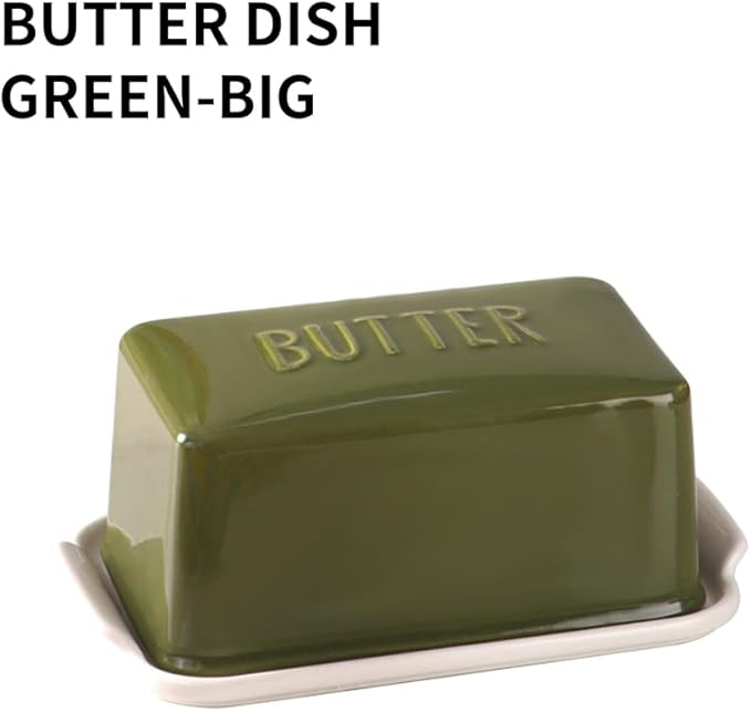 Porcelain Covered Butter Dish with Lid for Countertop Butter Holder Container for One Stick of Butter. Textured Tray Butter Keeper for Non Slip Storage-GREEN BIG
