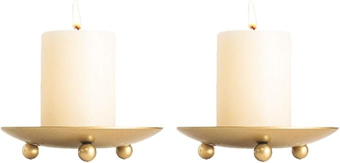 Gold Iron Plate Candle Holder, Decorative Iron Pillar Candle Plate, Set of 2, 4.37 inches D x 0.78 inches H, Pedestal Candle Stand for LED & Wax Candles, Incense Cones, Spa, Weddings (2 pcs)