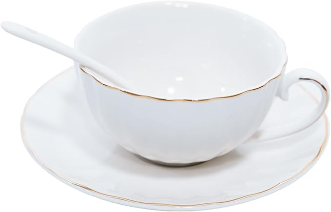 Bone China Tea Cup and Saucer Set with Spoon，Elegant Floral Tea Cup Set (7 oz)，British Coffee Latte Mug for Birthday Party Christmas gift for Friends