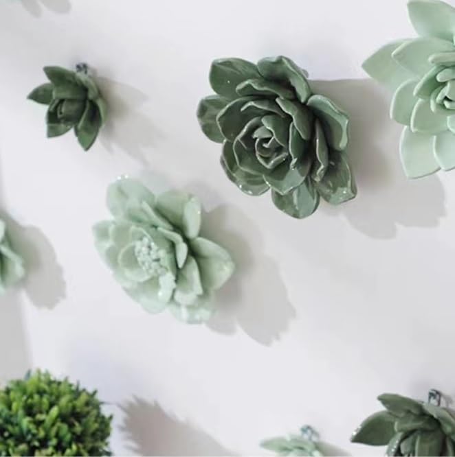 Snow Lotus，2.76" Ceramic Flower Wall Art, Artificial 3D Plant, Handmade 3D Wall Art Hanging Sculpture, Porcelain Flower Decoration for Home Office Decor (Dark Green)