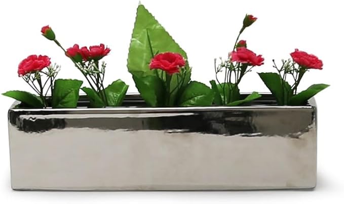 WGVI Long Rectangle Ceramic Planter Vase in Silver 14" x 4" x 4"H, Rectangular Box Block Terrarium Pot, Flower Arrangement, Tabletop Centerpiece, Home Decor Organization Storage Container, 4 Pcs