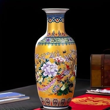 14" Jingdezhen Large Fishtail Ceramic Vase Golden Handmade Home Decorative Vase, Modern Luxury Accent for Living Room, Wedding, or Gift. Elegant Floral Arrangement Centerpiece. (G)