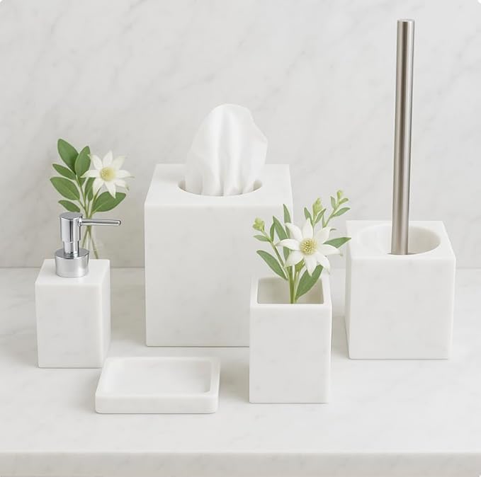 Kurrajong Farmhouse 5 Piece Bathroom Accessories Set Complete | Faux Marble and White Bathroom Accessory Set | Tissue Box, Toilet Brush, Soap Dish, Soap Dispenser, Toothbrush Holder
