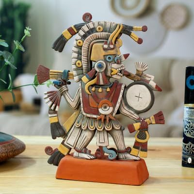 NOVICA Artisan Handcrafted Ceramic Sculpture Signed Artisan Aztec from Mexico Earthtone Multicolor Oak Buff Archaeological Fine Halloween [] ' Aztec God of Dawn'