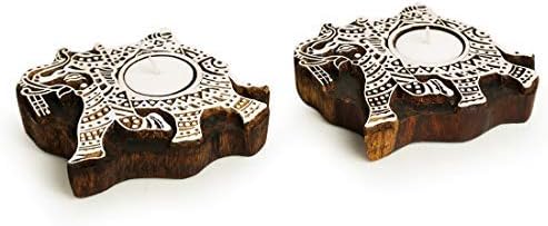 Western Eiderdown Presents Elephant Hand-Carved Block Tea Light Holder (Set of 2, Sheesham Wood) - Decorative Tea Light Candle Holder for Home Décor Votive Tea Light Holder T #Aport-200