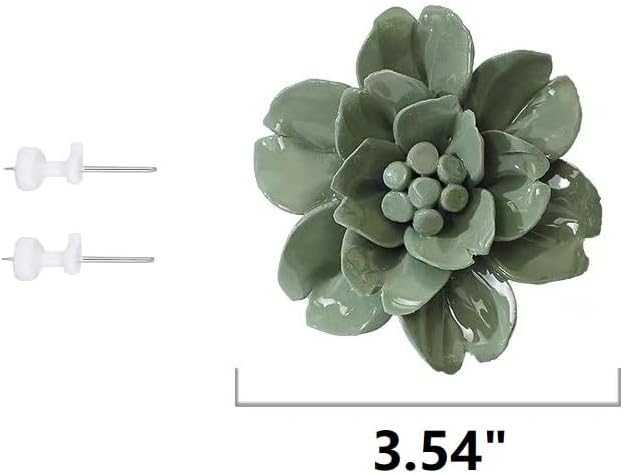 Snow Lotus，3.54" Ceramic Flower Wall Art, Artificial 3D Flower Wall Art, Handmade 3D Wall Art Hanging Sculpture, Porcelain Flower Wall Decoration for Home Office Decor (Dark Green)