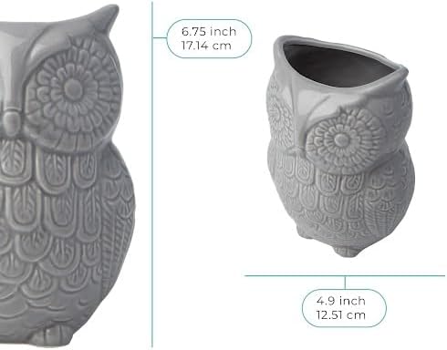 Comfify Owl Utensil Holder Decorative Ceramic Cookware Crock & Organizer, in Lovely Grey Color - Utensil Caddy and Perfect Kitchen Ceramic Decor Gift - 5" L x 7" H x 4" W