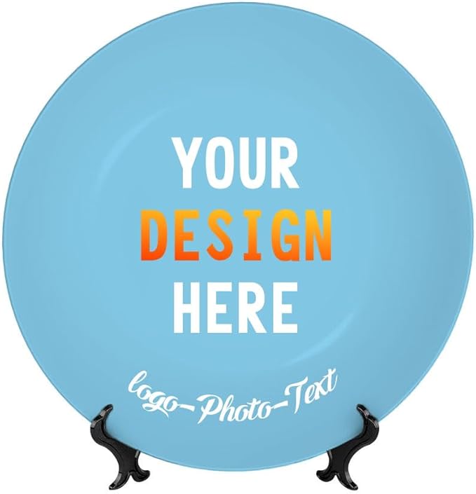 Custom Photo Ceramic Decorative Plate, Wobble-Plate Dishes with Display Stand, Handmade Ceramic Ornament, for Wall Hanging Living Room Bathroom Decor Gift, SkyBlue-8 In