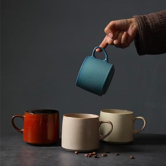 12oz Rustic Minimalist Handmade Ceramic Pottery Coffee Mug Set of 4, Lead-Free Glaze Tea Mug, Sturdy Tea cup, Handmade stoneware mugs for Tea Latte Milk for office and home