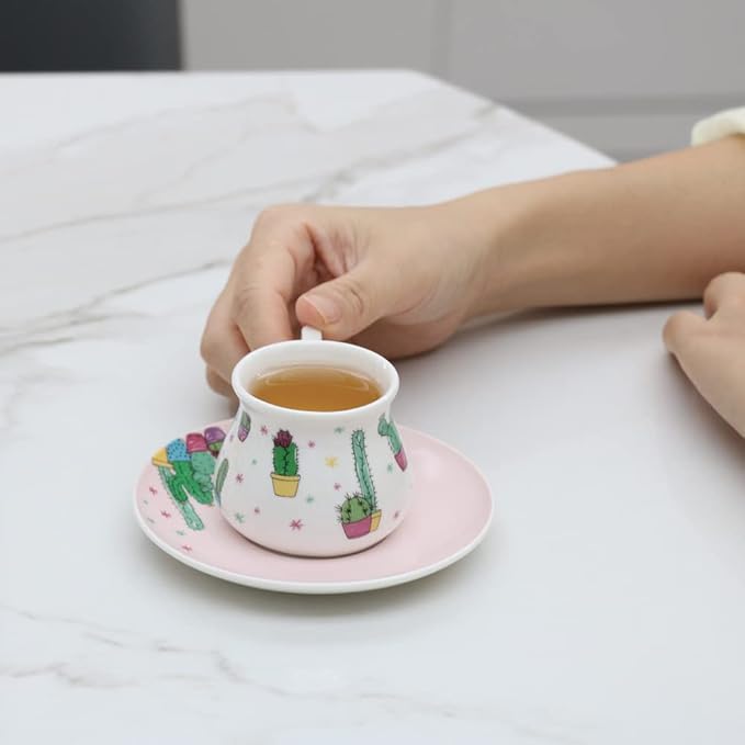 GuangYang 2.5 oz Espresso Cups set of 6, Cute Cactus Pattern (Size for Double Shot Espresso,Ristretto, Macchiato, Café Cubano, and Turkish Coffee)