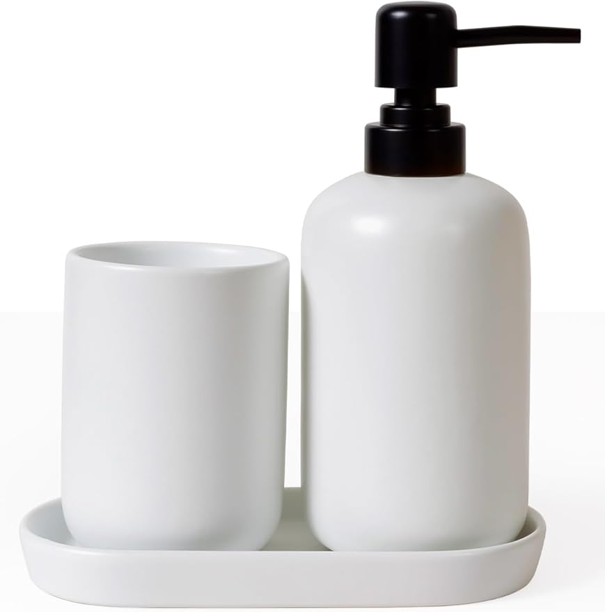 INGOFIN 3 Pcs Ceramic Bathroom Accessory Set - Liquid Soap Dispenser, Toothbrush Holder & Tray, Bathroom Counter Set, Countertop Essentials for Home, Guest Bathroom, or Office Use, White