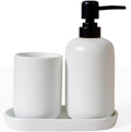 INGOFIN 3 Pcs Ceramic Bathroom Accessory Set - Liquid Soap Dispenser, Toothbrush Holder & Tray, Bathroom Counter Set, Countertop Essentials for Home, Guest Bathroom, or Office Use, White