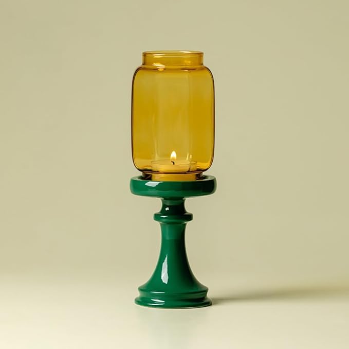 Decorative Glass Candle Holder with Floral Design, Traditional Asian Style, Red Base, 8.3 inch Height, 3 inch Diameter (Green Base – Plain Amber Glass)