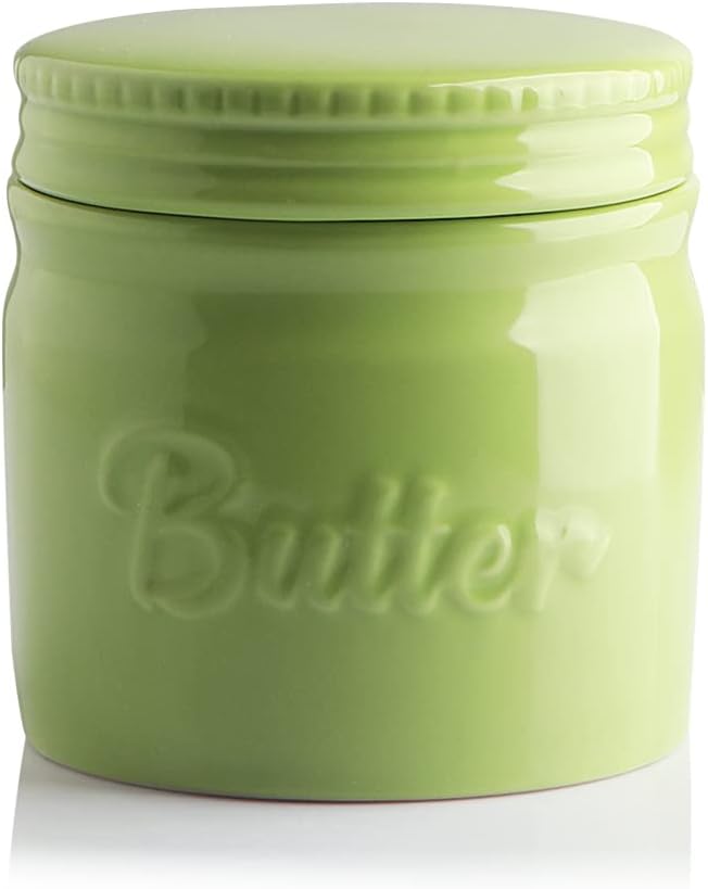 SWEEJAR Porcelain Butter Keeper Crock, French Butter Dish with Water Line, Ceramic Butter Container for soft butter (Green)