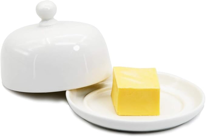 NAGU Mini Oval Butter Dish with Lid, White Procelain Domed Cheese Dish with Handle Individual Serving Small Butter Tray, Cute Ceramic Dessert Serving Bowl for Table, Countertop, Refrigerator