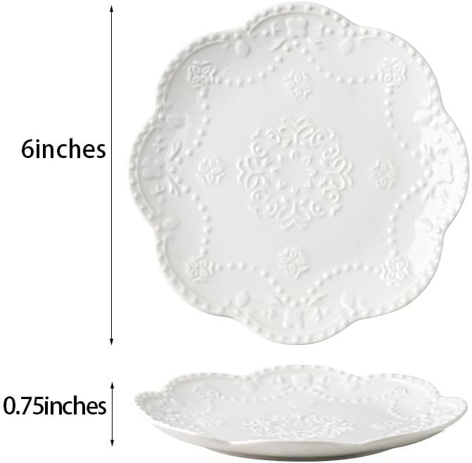 White Small Dessert Plates Set of 4,Ceramic Dinner Plates 6 Inch for Appetizer, Fruits, Cake, Salad,Microwave Safe,Christmas Gift
