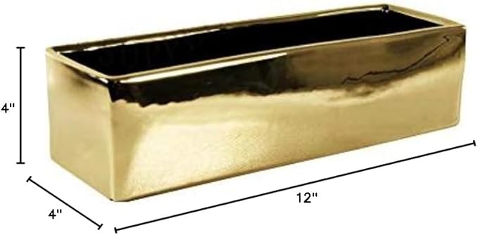 WGVI Long Rectangle Ceramic Planter Vase in Gold 12" x 4" x 4"H, Block Rectangular Terrarium Box Pot, Flower Arrangement, Table top Centerpiece, Home Decor Organization Storage Container, 1 Pc.