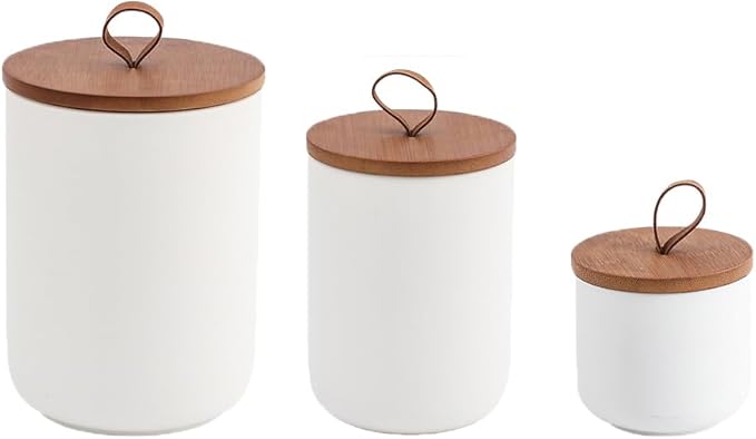Simcat Modern Rustic Ceramic Food Storage Jar Canister - Airtight Seal Bamboo Lid, Three-Piece Set in White