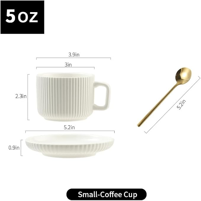 5 Ounce Espresso Cups Set of 4, Small Coffee Cups with Saucers and Spoons, White Cream Ceramic Demitasse Espresso Mugs