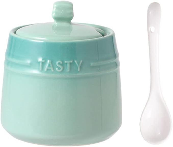 Colourful Ceramic Spice Jar Seasoning Box Condiment Pot Sugar Bowl with Lid Spoon-Green