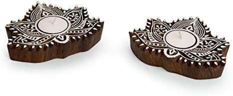 Western Eiderdown Presents Lotus Hand-Carved Block Tea Light Holder (Set of 2, Sheesham Wood) - Decorative Tea Light Candle Holder for Home Décor Votive Tea Light Holder T Lite #Aport-201