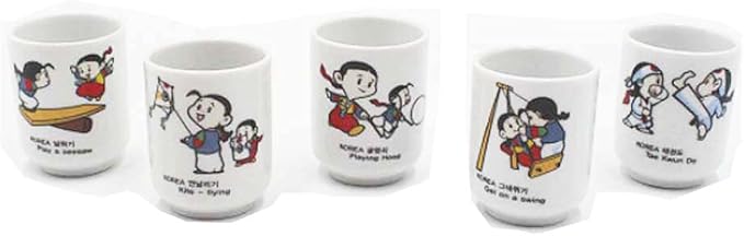Korean Soju Shot Glass Set – 5 Piece Ceramic Pottery Cup for Whiskey Sake Vodka Alcohol Liquor w/Korea Traditional Illustration Paintings Gift Party Decoration Display Drinking Glasses