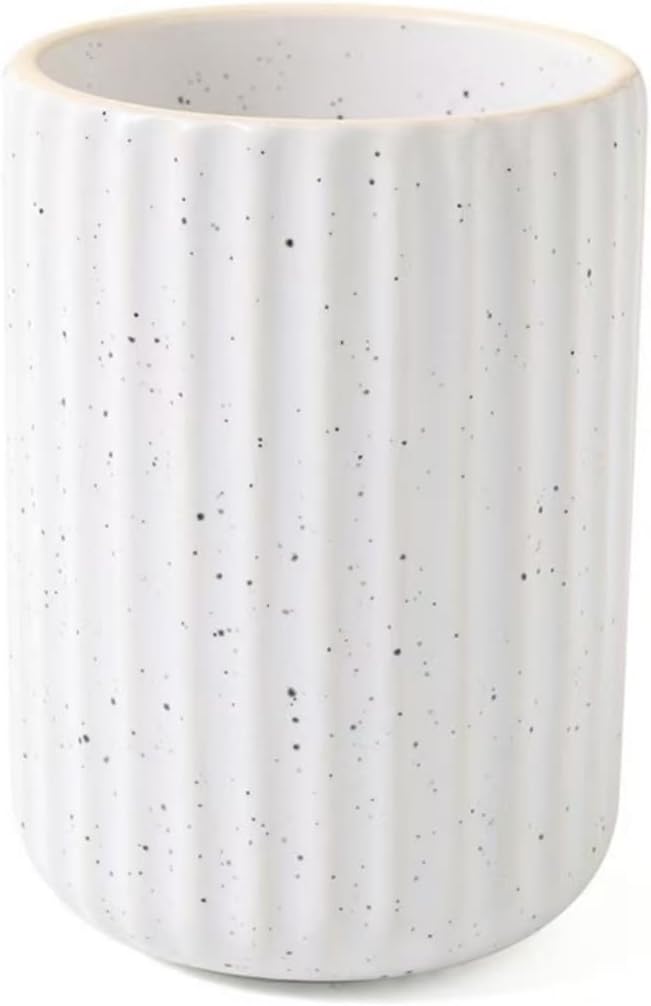 Stoneware Coffee Bar Utensil Holder Tea & Coffee Spoon & Stirrer Holder for Stir Stick Straw Teaspoon Holder Spoon Cup Small Utensil Jar Fluted Vertical Stripe (Spotted White)